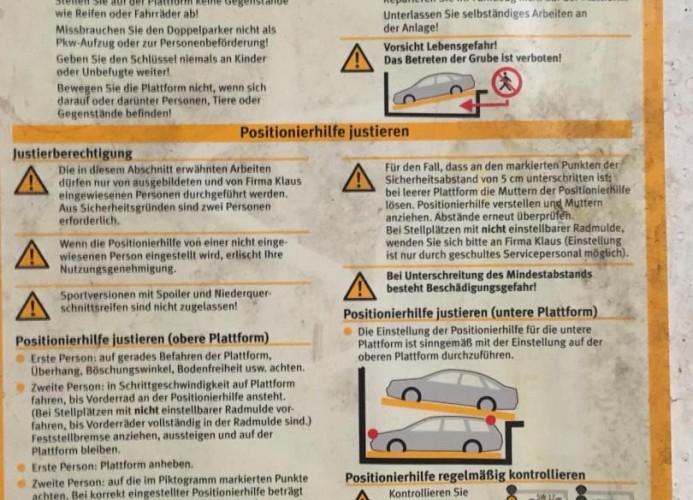 Einstellgrößen für den Tiefgaragenstellplatz auf dem Doppelparker
